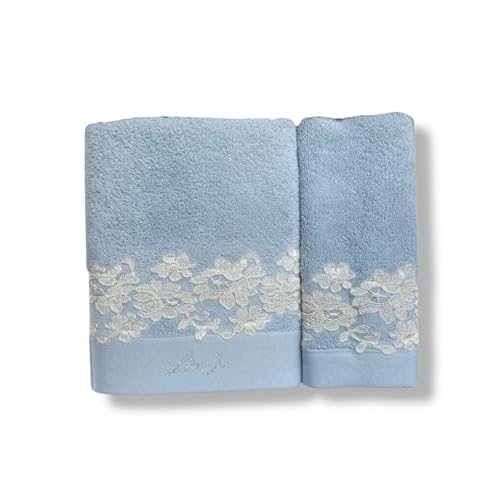 Liu Jo Milano Set Asciugamani Viso 55x100 cm e Ospite 38x58 cm in Spugna Puro Cotone 500 gsm – Con Pizzo e Logo Lurex Art. Spina