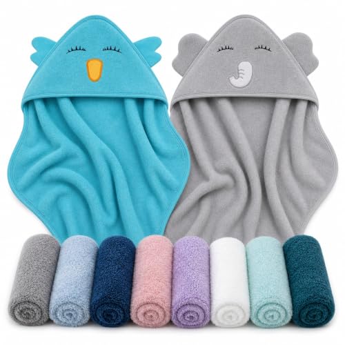 Image of Cute Castle 2 Pack Hooded Baby Towel Rayon Made from Bamboo and 8 Washcloths - Lovely Elephant, Happy Bird