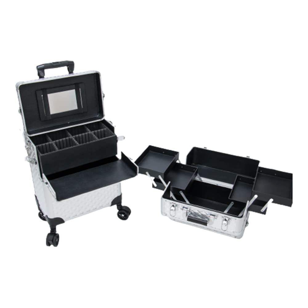 FOLELLO 3-in-1 Marvel Rolling Professional Multifunctional Makeup Travel Vanity Case | Aluminum Trolley Vanity Salon Station (Diamond Cut- Silver) - Image 9 thumbnail