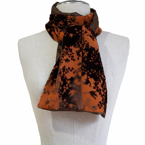 Silk Base Burn-out Velvet with Silk Jacquard Backing Oblong Scarf, Flora and Crane, Pumpkin Brown4