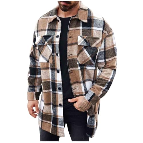 Xiaojmake Mens Flannel Shirt Fall Casual Button Down Cotton Plaid Shirt Jacket Loose Long Sleeve Fleece Shackets with Pockets