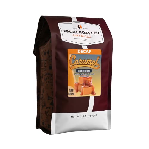 Fresh Roasted Coffee, Decaf Caramel Flavored Drip Ground Coffee, Medium Roast, Kosher, 2 lb (32 oz)
