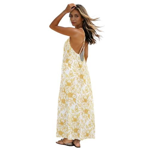 Vestido de tirantes largos con espalda expuesta para mujer, ajuste relajado, suave, fluido para muchas ocasiones diferentes, color dorado, Boceto floral dorado, Large