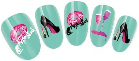 VAGA Nail Art Salon Card of 20pcs Stickers/Decals Decorations with Nails Polish Bottles, High Heels Shoes and Lips Patterns/Designs in Pink, Purple and Black