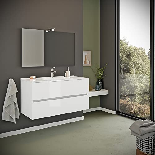 Kiamami Valentina Mobile Bagno con cassetti 100cm lavabo e Specchio Bianco Lucido | Benaco