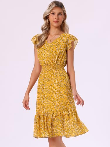 Image of Allegra K Women's Floral Dress Spring Summer V Neck Flutter Sleeve Ruffle Casual Smocked Knee Length Dresses