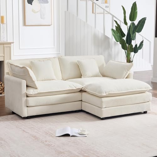 Tmsan 76.7" Beige White Cloud Modular Sectional Sofa for Small Spaces, Deep Seat 2 Seater L Shaped Couch, Comfy Chenille Loveseat with Ottoman Chaise for Living Room Apartment