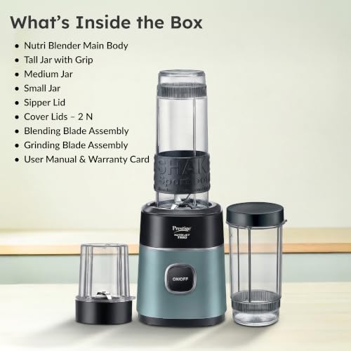 Image of Prestige Nutri-Jet Trio 450 Watt Mixer Grinder with 3 Transparent Jars | Space-Saving Design | Extra Sipper Lid | Stainless Steel Blades | 1Y Warranty | ISI Certified