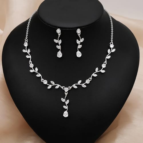 Elegant Bridal Jewelry Sets for Wedding Bride Leaf Shape Cubic Zirconia Necklace Earrings Bracelet Set Prom Costume Accessories2