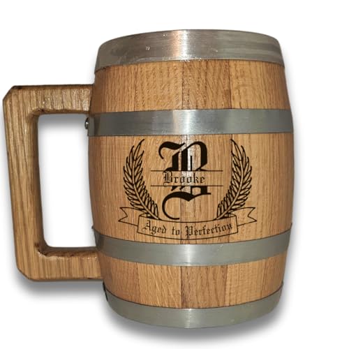 LAS VILLAS DESIGNS Personalized Oak Wood Barrel Beer Mug Tankard with Stainless Steel Interior - Engraved with Your Name