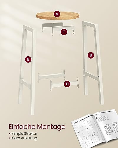 VASAGLE Barhocker, 2er Set, Barstühle, Küchenstühle mit Metallgestell, einfache Montage, 65 cm hoch, mit Fußstütze, für Küche, Wohnzimmer, Esszimmer, eichenbeige-weiß LBC032W09