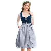 DIRNDLSTERN Damen Midi Blau - Dirndlkleid Samt Trachtenmode Kleid mit Dirndlschürze Trachtenkleid für Oktoberfest 38