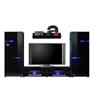 Stella Trading MEDIA LIGHT Wohnwand Komplett-Set in Schwarz – Moderne Schrankwand mit Glasfront und schicker LED…