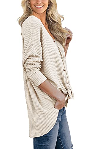 Iwollence Womens Loose Henley Blouse Bat Wing Long Sleeve Button Down T Shirts Tie Front Knot Tops Oatmeal Large #TOP1