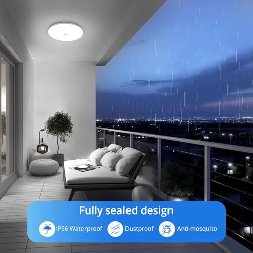 Image of Combuh LED Ceiling Light Motion Detector and Twilight Sensor, 18W 1800LM O30cm Round Ceiling Light, IP56 6500K Cool White Ceiling Lighting for Stairs Hallway Garage Balcony