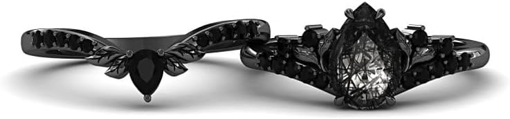 Generic Black Gold Rutilated Quartz Engagement Ring Set Women, Leaf Shaped Nature Inspired Gothic Black Stone Ring, Pear Shaped Wedding Bridal Ring