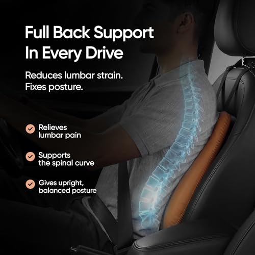 Image of Frido Premium Car Back Rest Cushion with Lumbar Support Pillow for Driving, Hi-Per Memory Foam Back Support and Luxe Leatherette Cover, Relieves Back Pain and Improves Posture for Long Drives | Tan