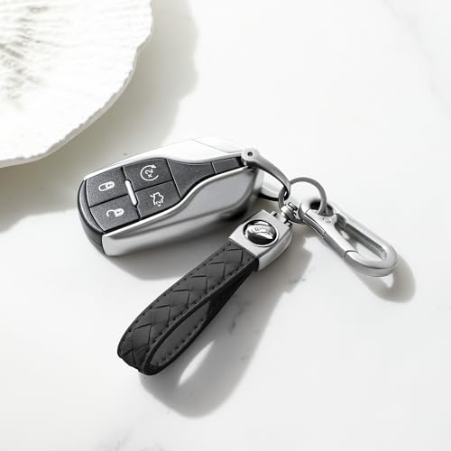 Image of Gkeygo Carabiner Keychain, Universal Heavy Duty Woven Handmade Leather Key Chain, Car Fob Key Keychains with 360 Degree Rotatable Snap Swivel and Anti-Lost D-Ring for Men and Women, Silver - Black