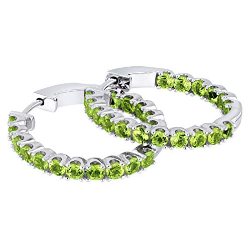 Peora Peridot Hoop Earrings For Women In Sterling Silver, Inside-Out Design, Natural Gemstone Birthstone, 4.50 Carats Total Round Shape, Click Lock #TOP1