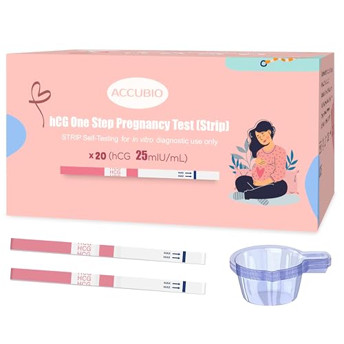ACCUBIO Pregnancy Test Strips with Urine Cups, hCG Detection Home Pregnancy Test, Sensitive & Over 99% Accurate, 20 Count Individually Wrapped, Rapid Prenancy Tests Kit 5mm Wider 25mIU/mL