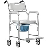 HOMCOM 3-in-1 Shower Commode Wheelchair, FSA/HSA Eligible Transport Beside Commode Chair, Waterproof Rolling Over Toilet Chair 330 lbs. Weight Capacity with Padded Seat, Gray