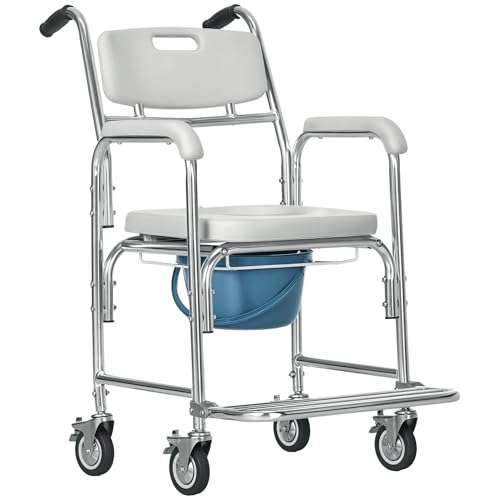 HOMCOM 3-in-1 Shower Commode Wheelchair, FSA/HSA Eligible Transport Beside Commode Chair, Waterproof...
