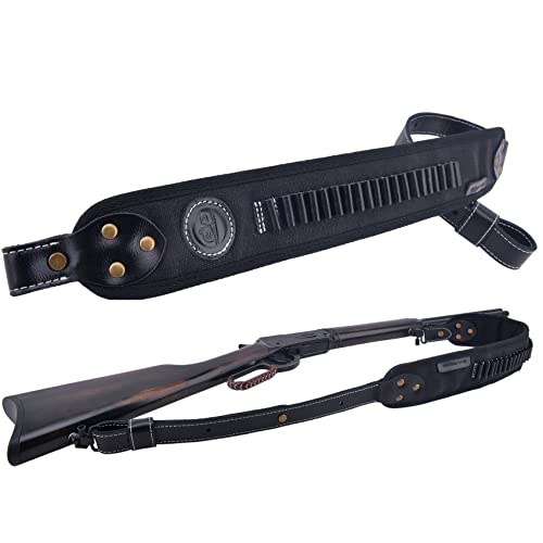 Leather Rifle Shell Holder Sling, Padded Canvas Gun Shoulder Straps (Black)