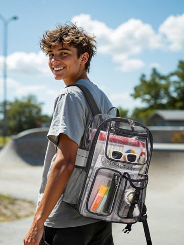 Image of Heavy Duty Clear Backpack For School, 17 Inch Clear Bookbag For Kids Boys Girls Women Men, Large See Through Backpack With An Extra Pouch Accessories, Tranparent Bag, College Sport Work, Black