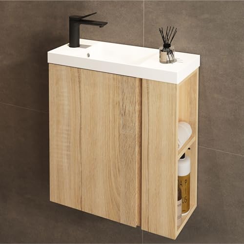JINDOLI Waschbecken mit Unterschrank 55 cm - Badmöbel Set mit 2 Tier seitliche Ablagen außen &...