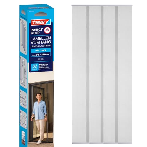 tesa INSECT STOP Lamellen Vorhang - Fliegenvorhang - 4-teiliger Insektenschutzvorhang - Moskitonetz für Türen - ohne Bohren, mit Klettverschluss - 95 x 220 cm - Weiß (leichter Sichtschutz)