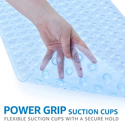 Slipx Solutions Power Grip Extra Long Bath Tub & Shower Mat 39X16, Wet Floor Non-Slip For Elderly & Kids Bathroom, 30% Longer Bathtub Mats, 200 Suction Cups, Drain Holes, Machine Wash, Light Blue #TOP1