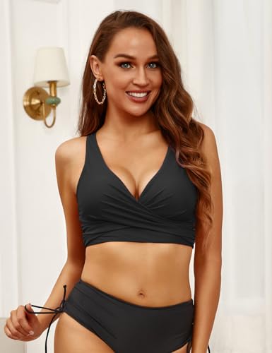 Hilor Women's Underwire Bikini Tops Push Up Criss Cross Swim Top Swimsuit Sexy V Neck Bathing Suit Top Only4