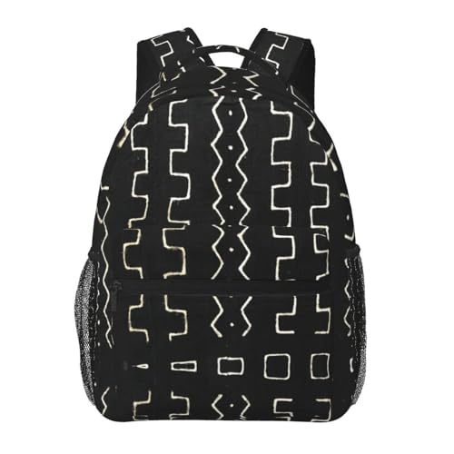 Black Mudcloth Fabric Backpack for Laptop, Casual Daypack