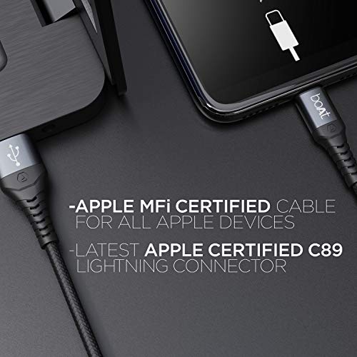 Image of Boat LTG 550V3 Lightning Cable Apple Mfi Certified with Spaceship Grade Aluminium Housing,Stress Resistance, Rapid 2.4A Charging &480Mbps Data Sync, 1M Length & 10000+ Bends Lifespan(Mercurial Black)