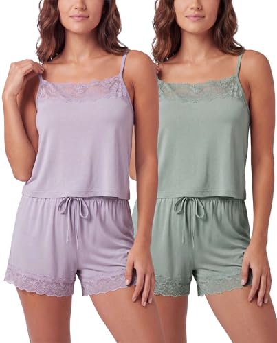 Image of Real Essentials 2 Pack: Women's Lace Trim Cami and Short Set Cute Pajama PJ Sleepwear Nightwear Pajamas Sleep Soft Drawstring