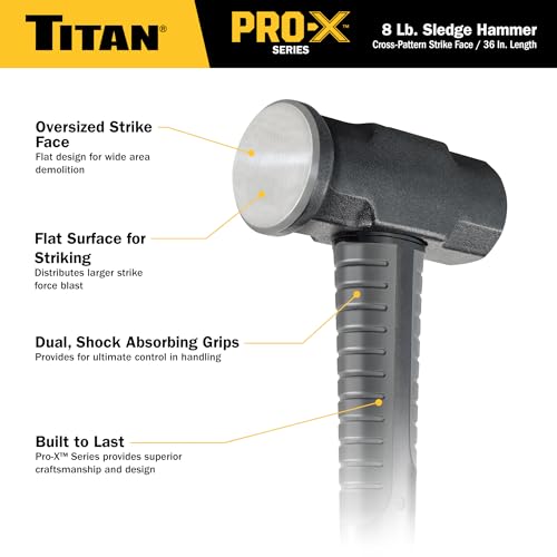 Image of Titan Pro-X 63018 8lb Sledge Hammer, Dual-Face Sledge with Cross-Pattern Face for Concentrated Power & Flat Face for Stake Driving, Overstrike Protection, 36 inch Fiberglass Handle with Textured Grip