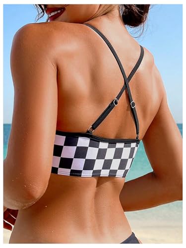 SOLY HUX Women's Summer Checkerboard Print Bikini Top Spaghetti Straps Bathing Suit Tops Beach Vacation Clothes4