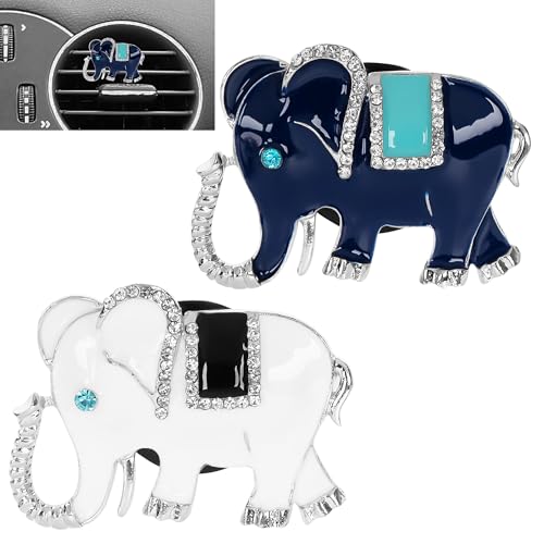 Image of Cute Elephant Car Vent Clip, Bling Rhinestone Interior Decor Accessories, Air Freshener Clips for Cars, Cute Animal Clips for Women Men (2Pcs, Blue + White)