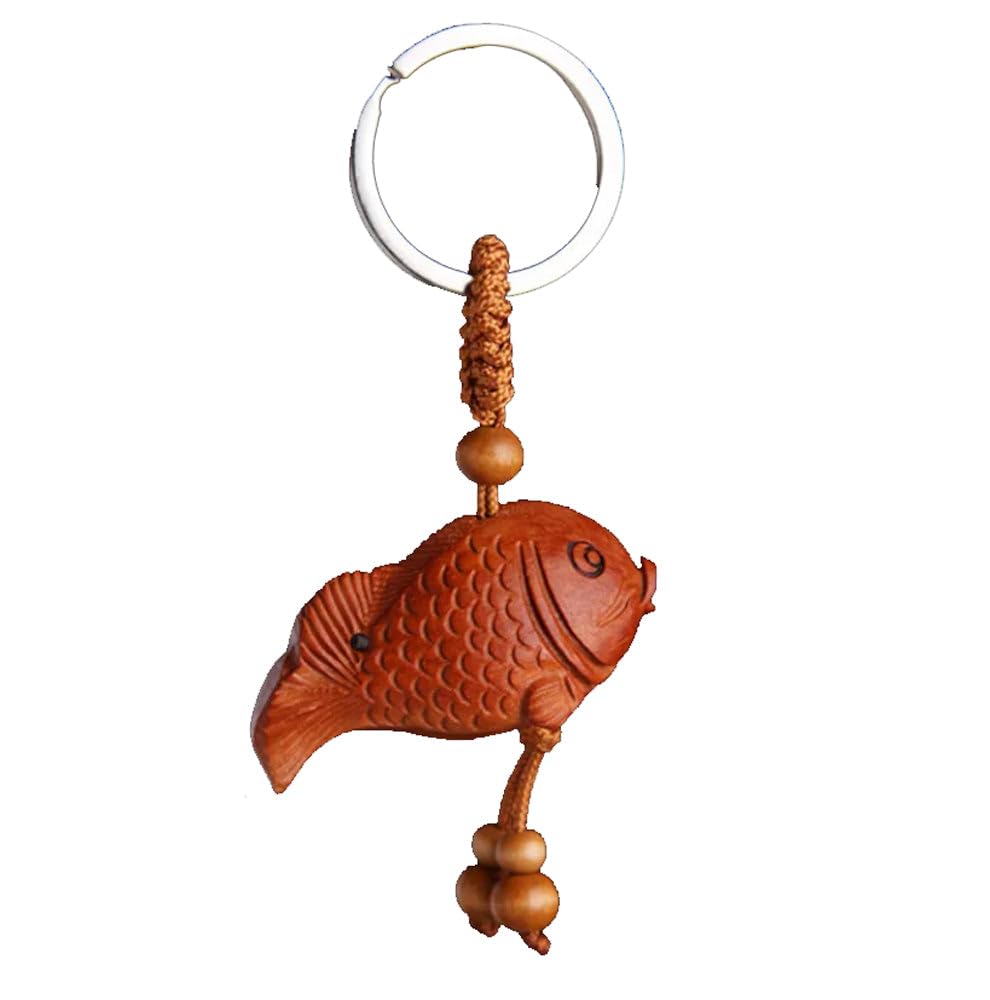 Luck Trader Unisex Peach Feng Shui Lucky Chinese Fish Wood Keyring Keychain Charm