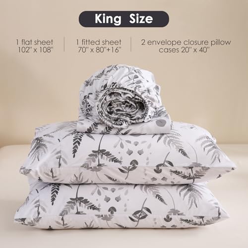 Image of JSD Grey Boho Floral Printed King Sheet Set 16 inch Deep Pocket | 4 Piece Soft Microfiber Sheets, Watercolor Leaves Ferns Pattern, OEKO-TEX Certified, Easy Care