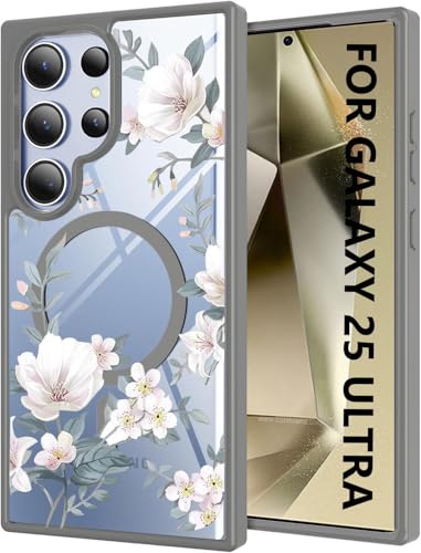 Image of VONZEE Compatible with Samsung Galaxy S25 Ultra 5G Case Luxury Retro Flowers Floral Clear for Magnetic Wireless Charging Case Shockproof Case PC+TPU Cute Glossy Shiny Cover for Girls Women, Grey