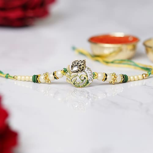 Image of eCraftIndia Designer Mor Pankh Rakhi and Roli Chawal Pack, Green::Gold, One Size (D936P6)