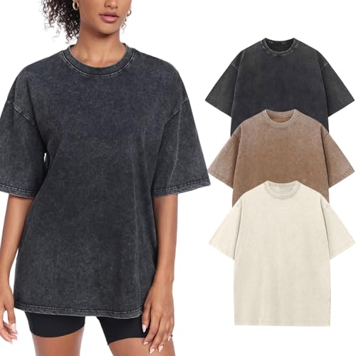 Camiseta de gran tamaño para mujer, cuello redondo, manga corta, informal, holgada, básica, de verano, camisas, blusas, Beige/Café/Negro, L