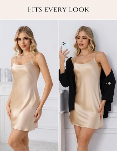 Image of THXSILK Women's Silk Nightgown, 100% Real 19 Momme Mulberry Silk Sleepwear Round Neck Spaghetti Strap Chemise Nightdress