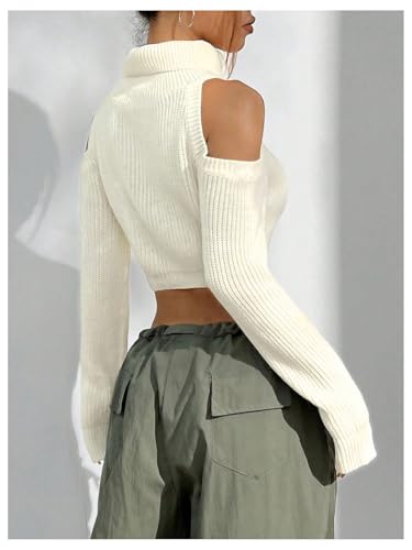 Image of MakeMeChic Women's Turtleneck Cold Shoulder Sweater Long Sleeve Knit Crop Sweaters White Large