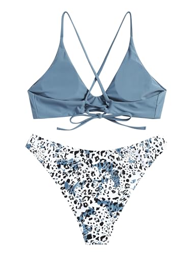 Image of ZAFUL Women's Tie Back Padded High Cut Bralette Bikini Set Two Piece Swimsuit
