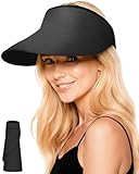 Senker Fashion Sun Hats Visor for Women, Straw Beach Hat Adjustable Wide Brim Ponytail Packable for Summer Travel UPF 50+ Black