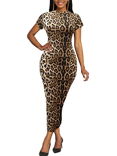 Image of Women's Long Bodycon Dresses Leopard Print Casual Maxi Club Party Tight Dress Short Sleeve