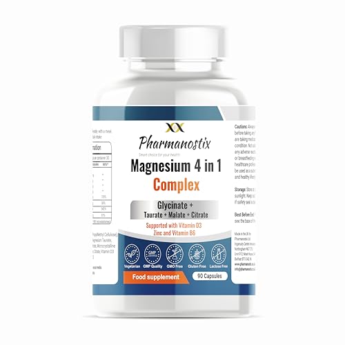 Pharmanostix Magnesium Complex 4-in-1 | Max Absorption Formula 2175mg of Magnesium Bisglycinate, Taurate, Citrate, Malate, Supported with VIT D Zinc & Vitamin B6, UK Made