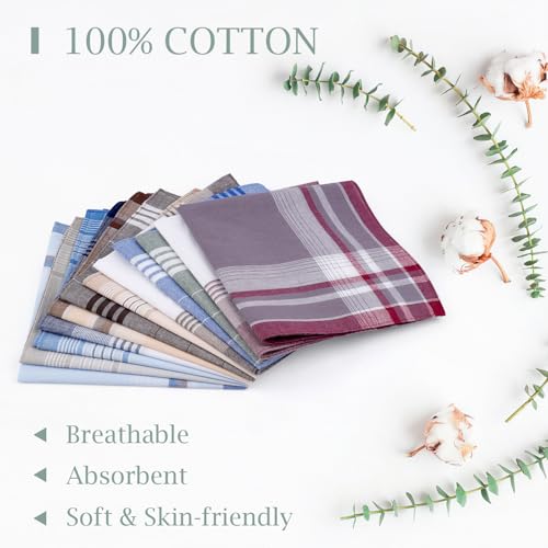 Image of PEASUG 12 Pcs Men's Handkerchiefs 16x16 Inch 100% Cotton Check Hankies | Soft, breathable & reusable, Reinforced stitching for durability, Classic style for suits & daily use